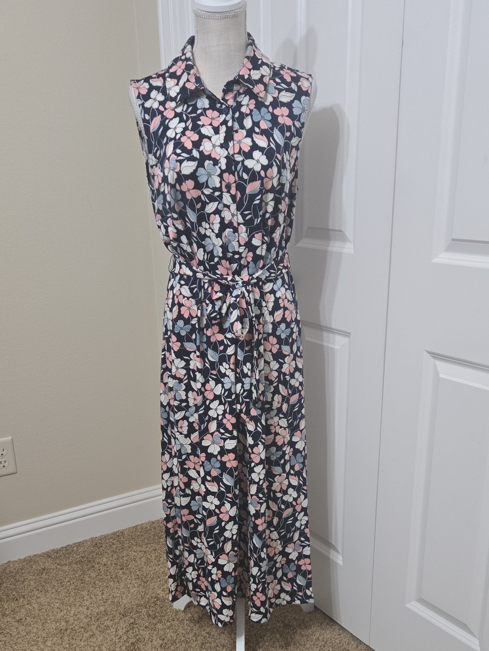 Tacera Beautiful Navy Sleeveless Floral Maxi Dress Pink & White Flowers Sz PL